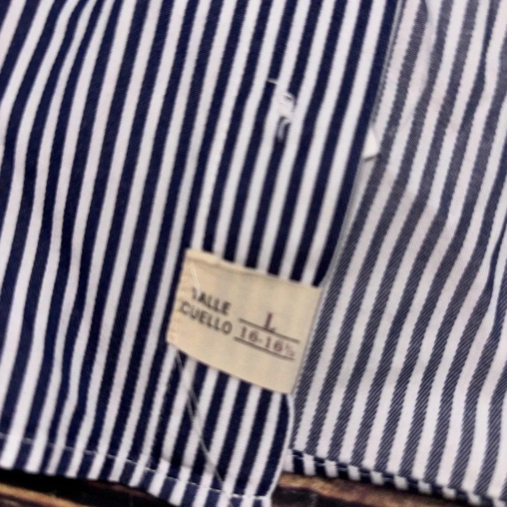 Etiqueta Negra Button Down Dress Blue White stripe Long sleeve Sz L Poplin 80/2 - Picture 3 of 7